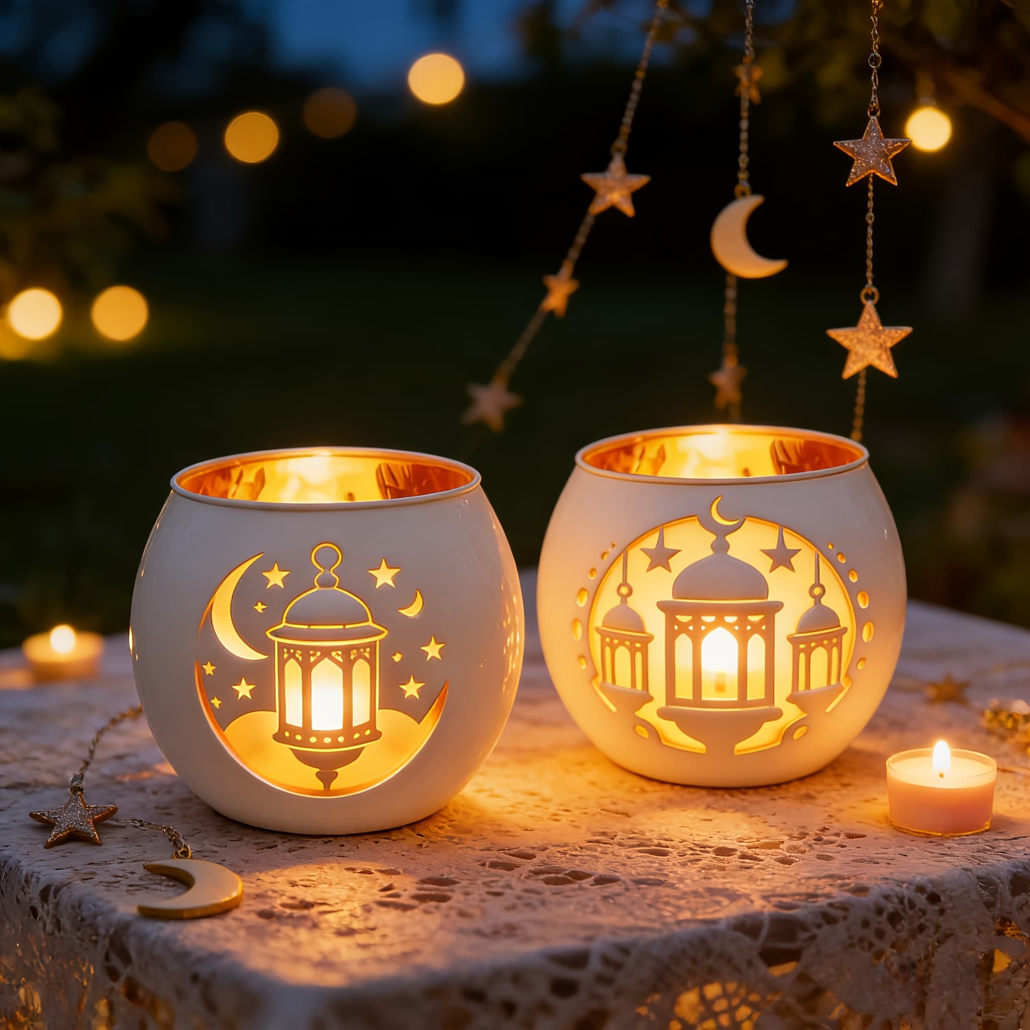 TEMU 2pcs Ramadan And White Glass Candle Holders, Eid Al-fitr Decor, Meditation Ornament, Spiritual Gift And Home Essential For Ramadan Celebrations