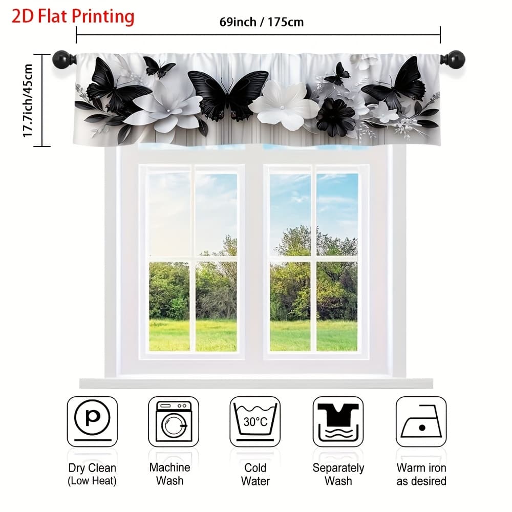 TEMU 2d Flat, 1pc & Floral Valance Curtain With Pocket Rod - Semi- Sheer Panel, Flat-printed Flower Window Valance For Bedroom,, Bathroom - Machine Washable Valances Suitable For - Use, 2d Flat