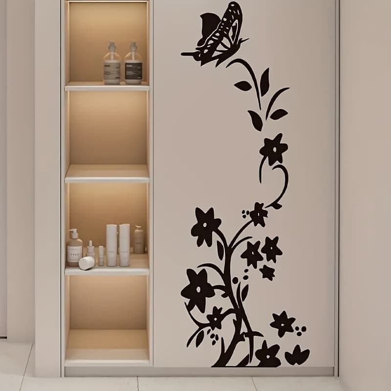 TEMU 1pc Black Flower Stickers, Suitable For Bedroom, Living Room, Room, Home Wall Decoration Stickers, Self-adhesive And Self-sticking