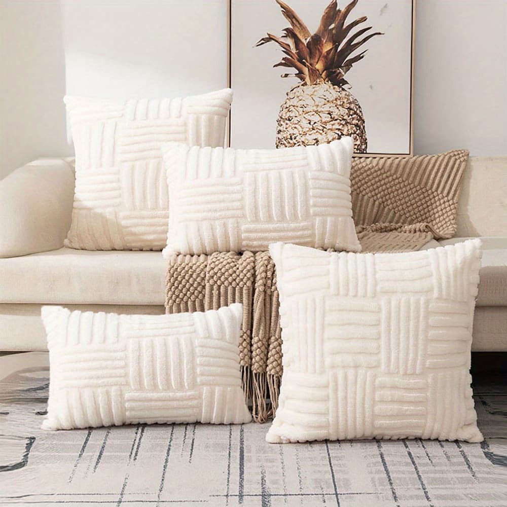 TEMU 4pcs, Boho Farmhouse Decorative Throw Pillow Cover - Soft Plush Stripe , Cozy Decor For Sofa Couch Bedroom, 18x18in & 12x20in, Washable Accent Pillowcase Without Insert