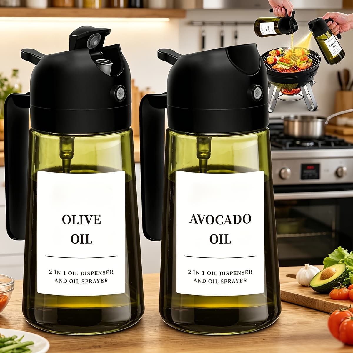TEMU Set Of 2 Glass Bottles For Olive Oil, Featuring A For And Spraying. The Dark Green Glass To Keep The Oil Fresh By Blocking Out Light. Each Bottle Holds 16oz/480ml