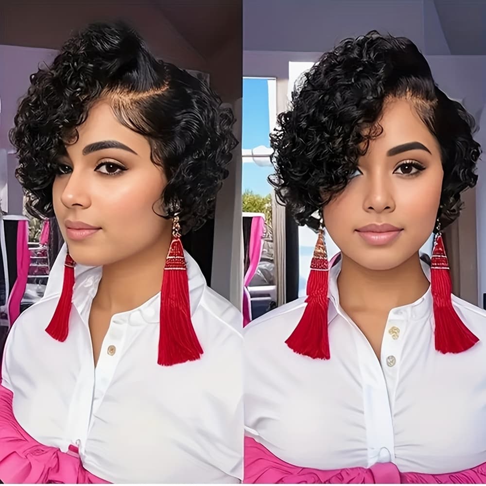 TEMU Short Curly Bob Wig With A 13x4x1 Lace Front, Featuring An Elastic Band And Black .