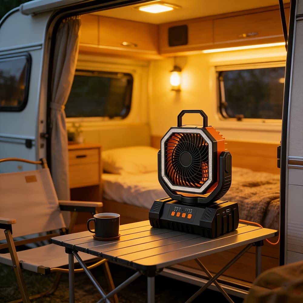 TEMU 20000mah Portable 3-in-1 Outdoor Fan & Power Bank With - Led Lantern, Rotating Tent Fan Suitable For Camping, Bbq, Travel, Emergency Lighting, Timer, - For Tents, Rv, Use