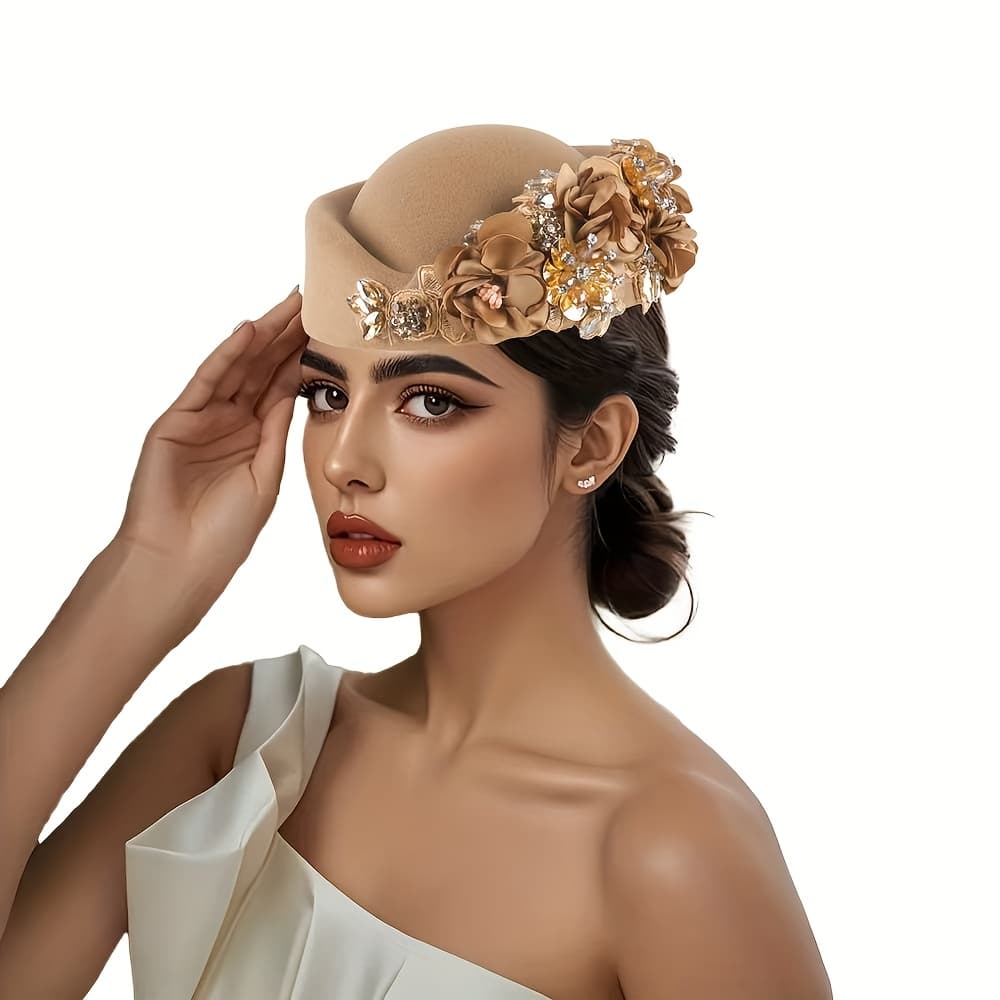 TEMU Elegant British Style Felt Beret With Floral Accents For Women, Vintage Polyester Beanie, Formal Hair Accessories, Perfect For Occasion Themed Wedding Parties , Gifts For Her
