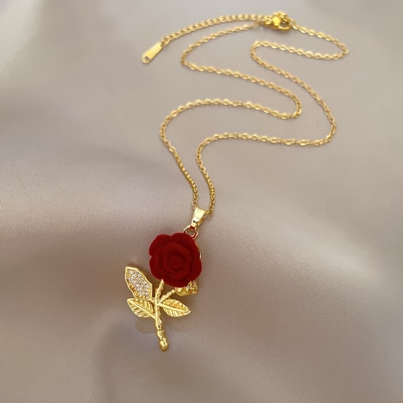 TEMU A Stylish Necklace With Synthetic Zirconia And A Red Rose Charm, Perfect For A Woman's Look, Great For Everyday Use And As A Gift For Valentine's Day