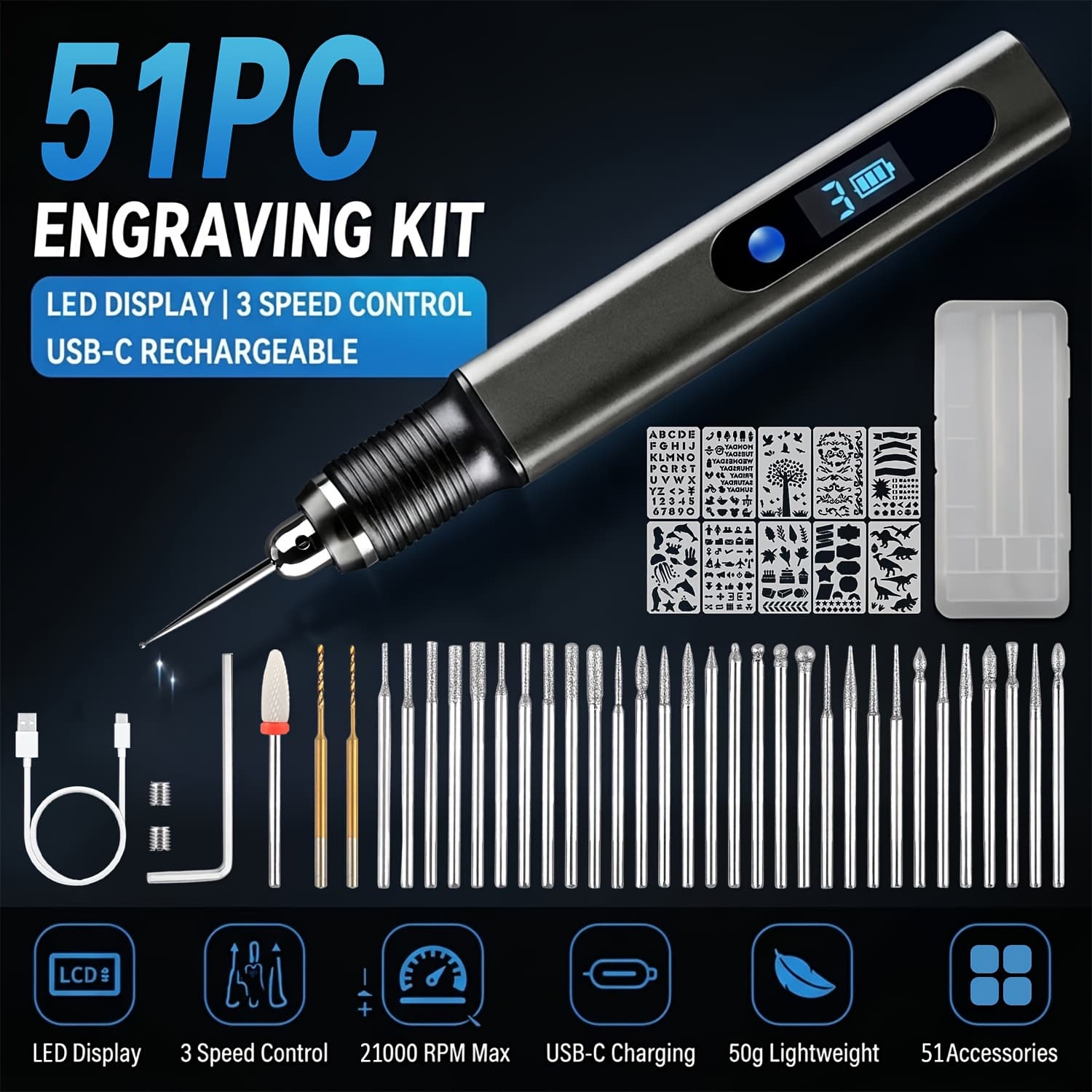 TEMU Portable Electric Carving Pen, With 33 Polishing Heads, 10 Templates, Usb Powered Multi Scene Carving Tool, Suitable For Enthusiasts And Professional Artists, Birthday Gift, Father's Day Gift
