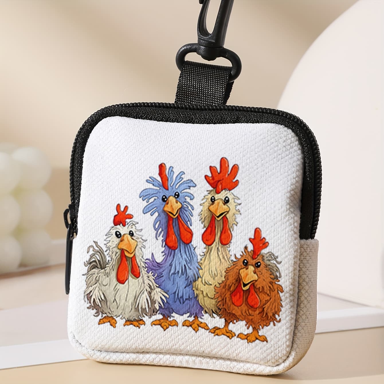 TEMU Chic Cartoon Chicken Large Capacity Coin Purse With Key Holder - Durable Polyester, Multi-functional Storage Wallet For Women