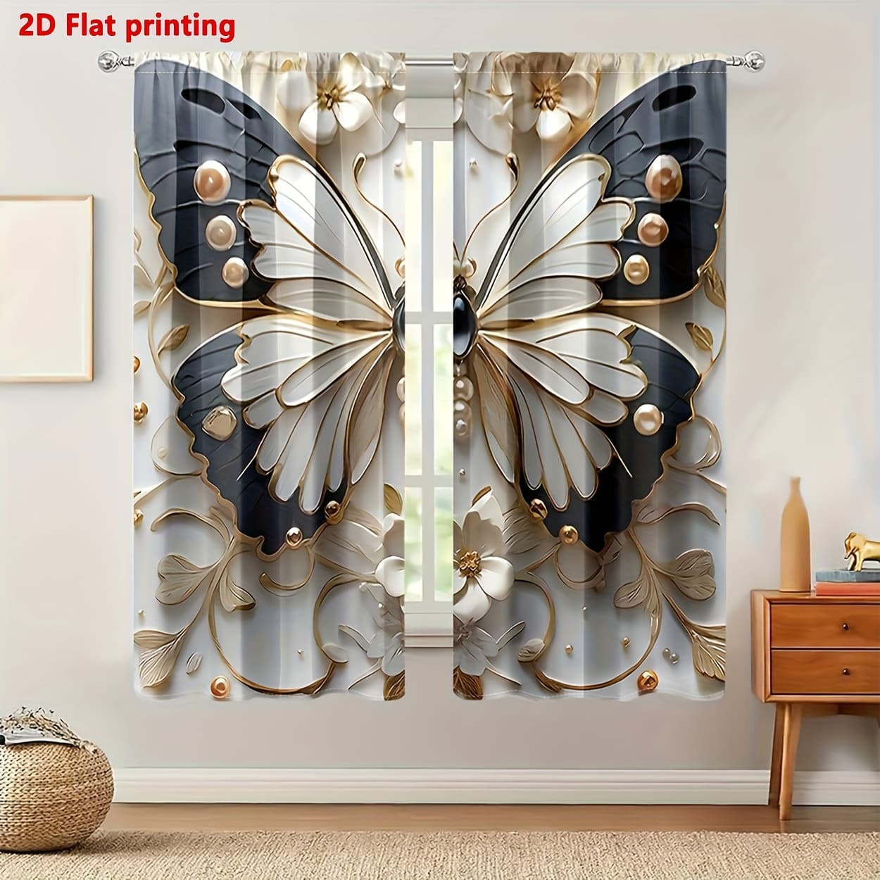 TEMU 2pcs, 2d Flat Printing Not Curtains, Modern Pearl Floral Curtains, Polyester With Rod Pocket, Semi-transparent, Machine Washable For Living Room, Bedroom, Kitchen, Study, Hotel, Restaurant Decor