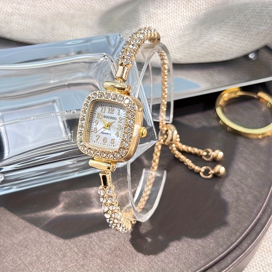 TEMU 1pc Elegant Women' Bracelet Watch - Accented Quartz Watch With Adjustable Drawstring Bracelet Band, For Casual And Formal Occasions, Everyday Accessory