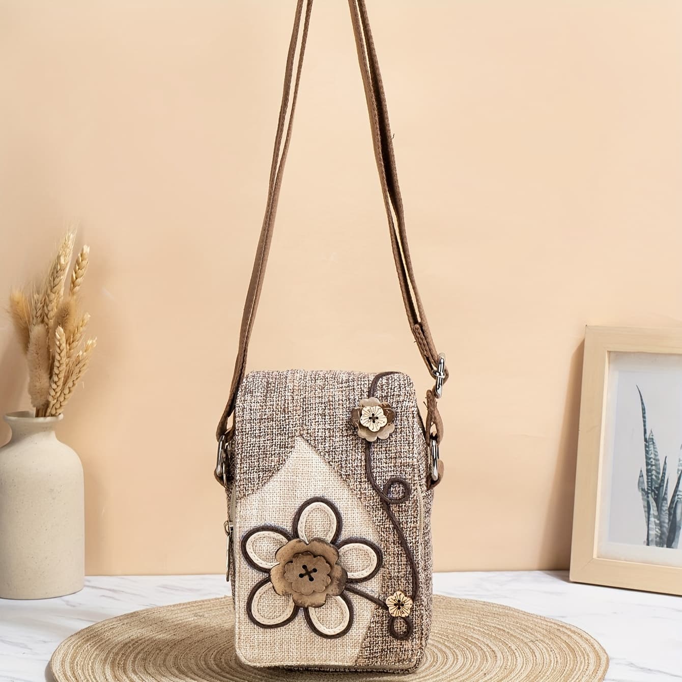 TEMU (random Trimming) Literary Original Petal-shaped Phone Pouch With Multi-compartments, Coconut Button Body Bag, Adjustable Straps