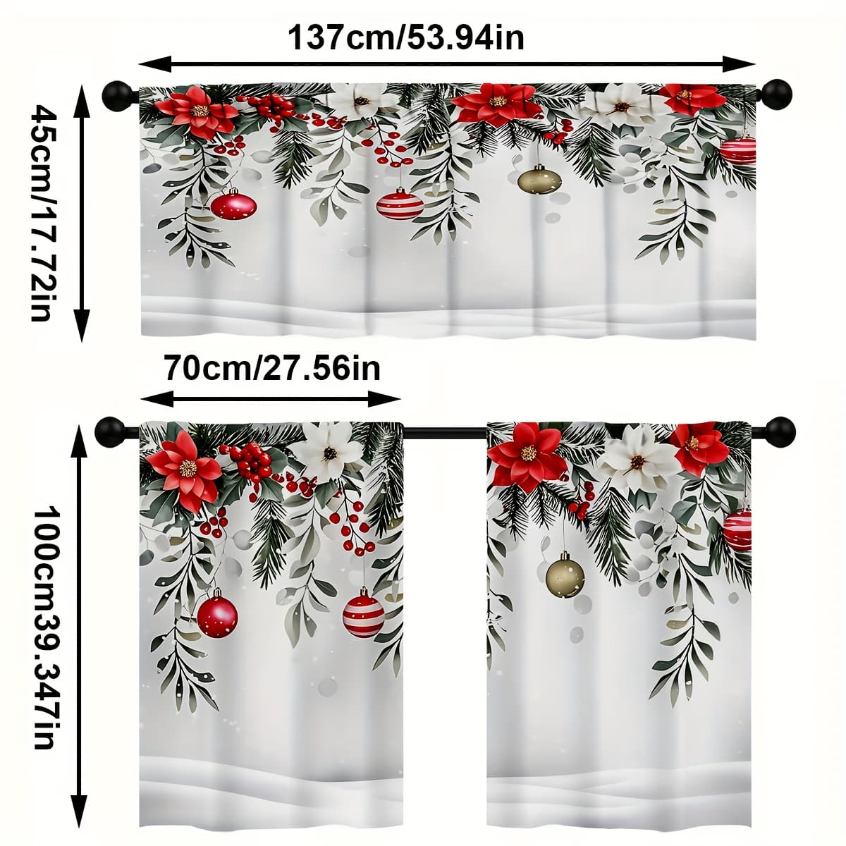 TEMU 3pcs/set Christmas Poinsettia And Berry Pattern Polyester Kitchen Curtains Set For Festive Decorations