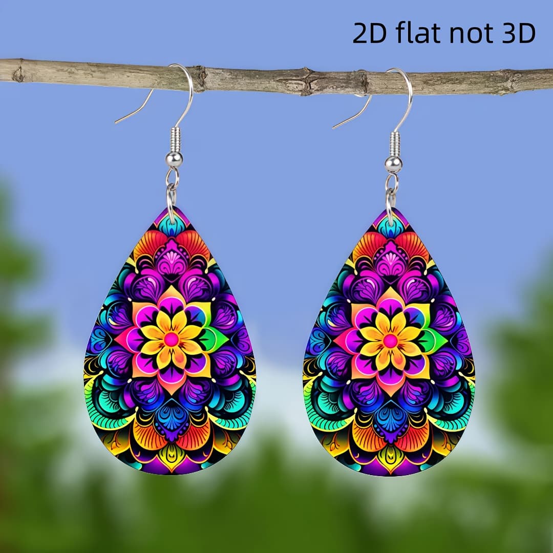 TEMU 1 Pair Of Vibrant Mandala Flower Earrings - Bohemian Style, Colorful , Personalized Earrings For Parties, Festivals, And Fashion | Colorful Hanging Earrings, Quirky Earrings