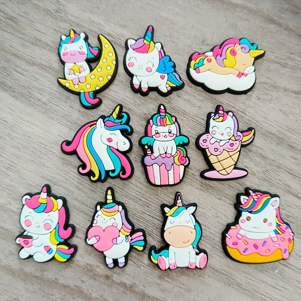 TEMU 10pcs Vibrant Cartoon Unicorn Shoe Charms - Durable Pvc Sandal Decorations With In Bright Colors - Fun Gift Idea For Unicorn Fans To Personalize Footwear, Bags, And Clothing