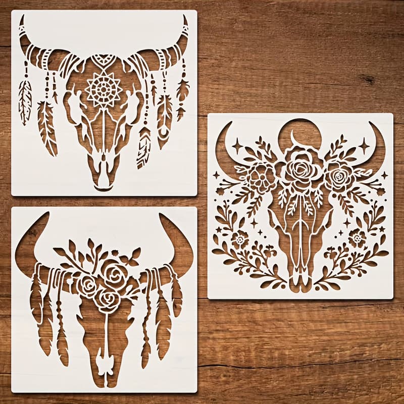 TEMU Set Of 3 Cow Stencils - Reusable Feather Buffalo Stencil, 9.84" Floral Plastic Drawing Templates Featuring Cow Designs For For Animal Patterns On Floors, Wall Art, And Tile Decorations