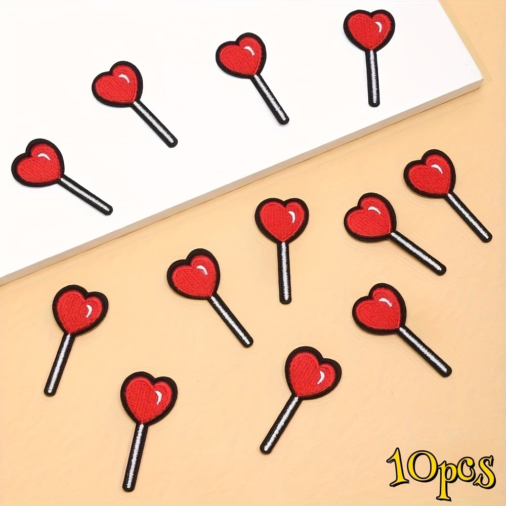 TEMU 10pcs/set Of Embroidery Patches-red Heart-shaped Lollipop Clothing Patches- Patches, Decoration Patches, Add Your Style Ornaments
