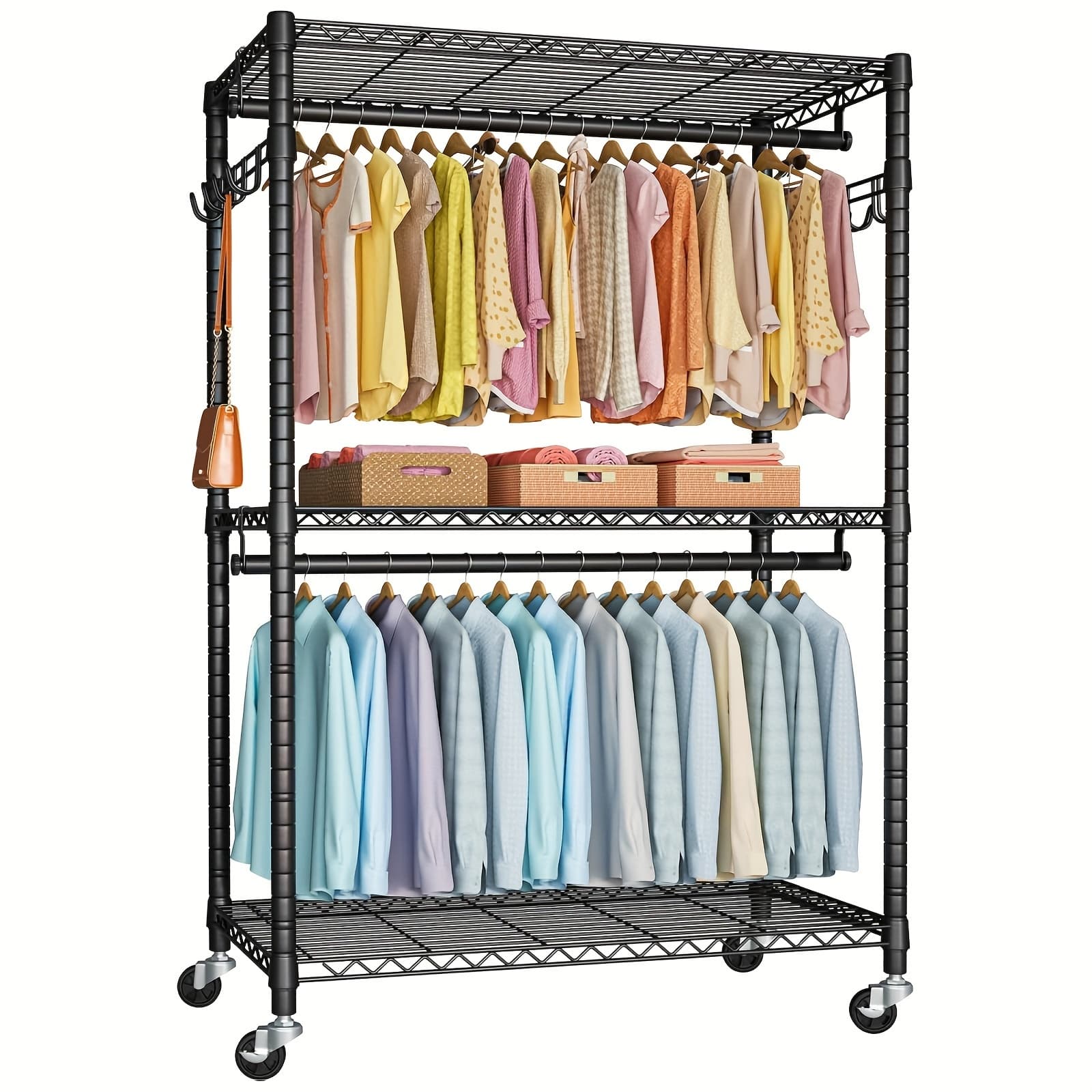 TEMU Heavy-duty Rolling Clothes Rack With Wheels - Portable Wardrobe Suitable For, Retail, Commercial Use | Double- Garment Rack With Capacity, 520 Lbs, Space-saving, Black (17.7”w X 17.1”d X 70.9”h)
