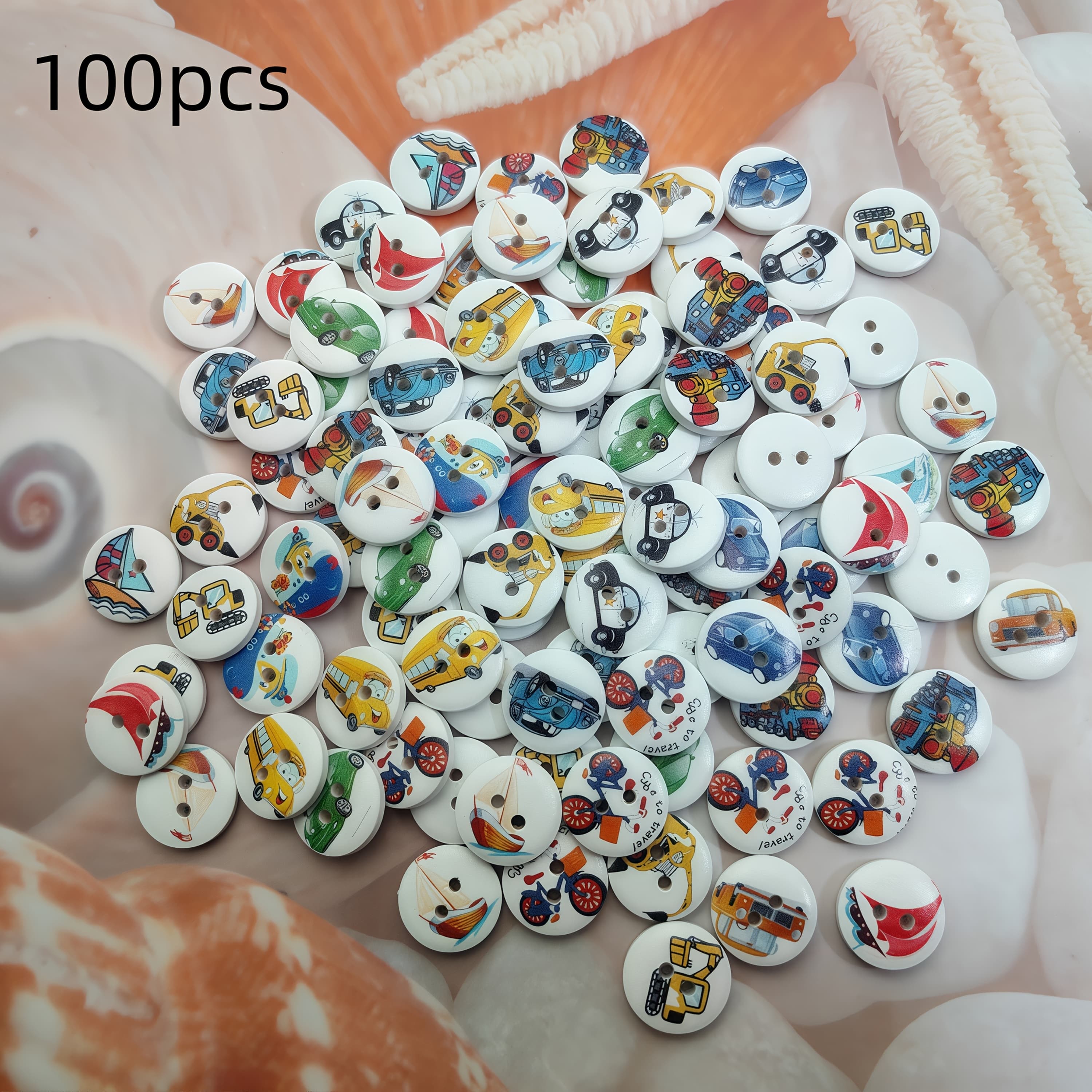 TEMU 100pcs Wooden Buttons Set, Mixed Color Vintage Car And Boat Print, Decorative Sewing Buttons For Diy Crafts, Clothing, And Bag Embellishments