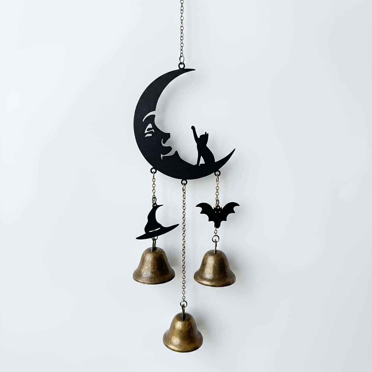 TEMU Dark Gothic Moon Cat-shaped Metal Wind Chime, Halloween-themed Bat And Witch Hat Decorative Hanging Ornament, Vintage Bell For Outdoor Courtyard, Balcony, And Garden Ambiance