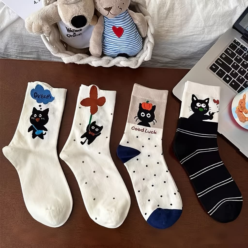 TEMU 4 Pairs Of Cute Cat Mid-calf Socks For Autumn And Winter