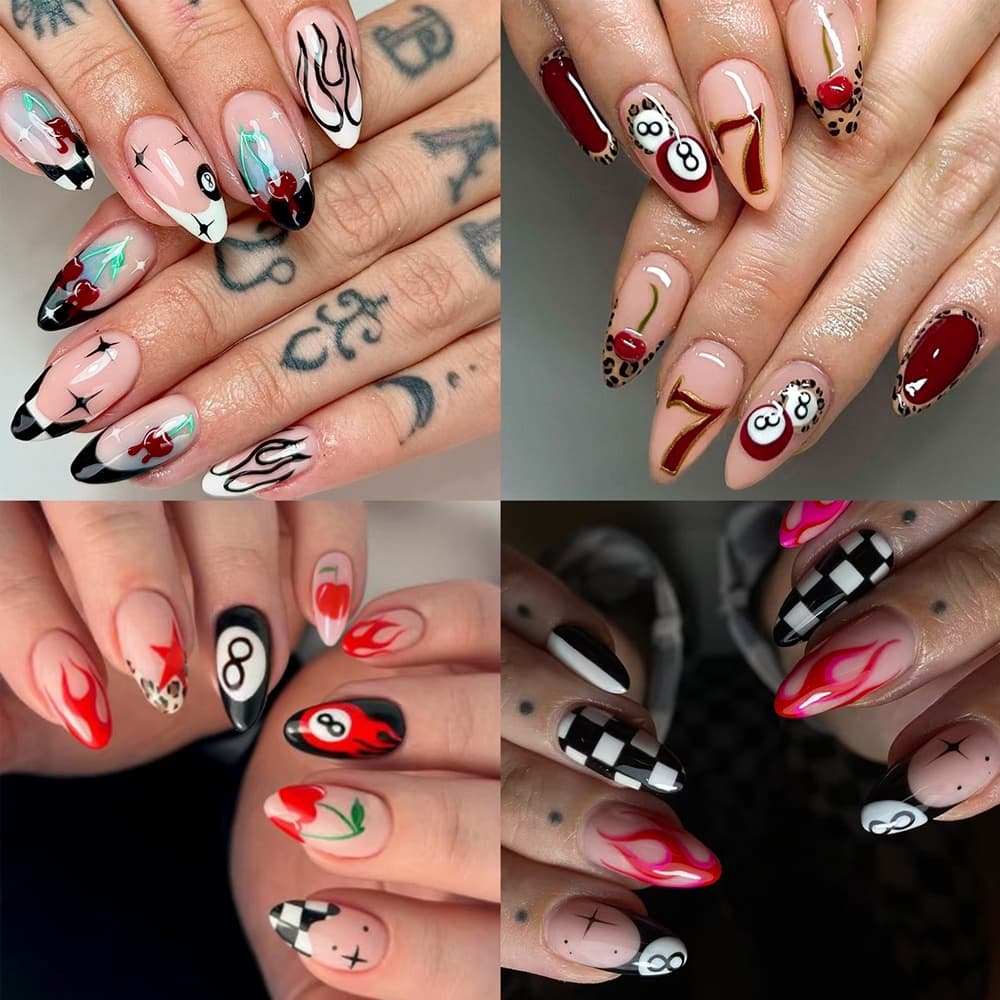 TEMU 96pcs Medium-length Almond Nail Set, Flame Black And White Striped Nail Stickers, Press-on Fake Nails, Removable And Reusable, Y2k Style Acrylic Nails For Women' Wear