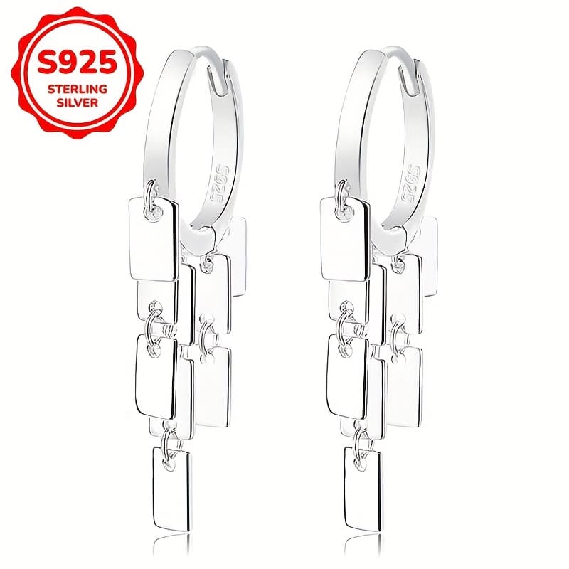 TEMU A Unique Pair Of 925 Sterling Silver Geometric Square Tassel Earrings, Perfect For Daily And Party Wear