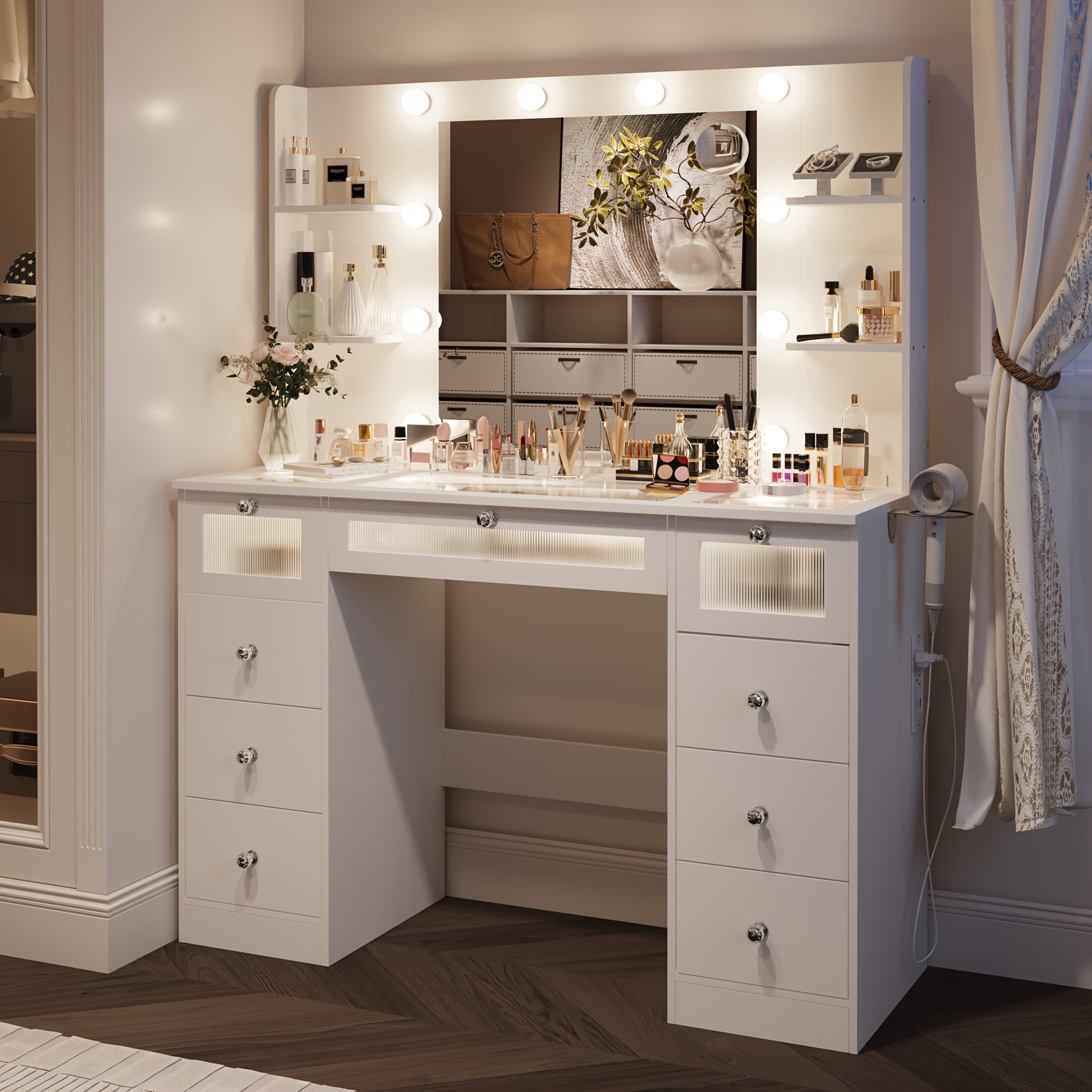 TEMU 9-drawer Light Makeup Vanity Desk With Mirror, Vanity Table With 3 Led-lit Drawers And 4 Shelves, White Dressing Table With Glass Top And Crystal Knobs