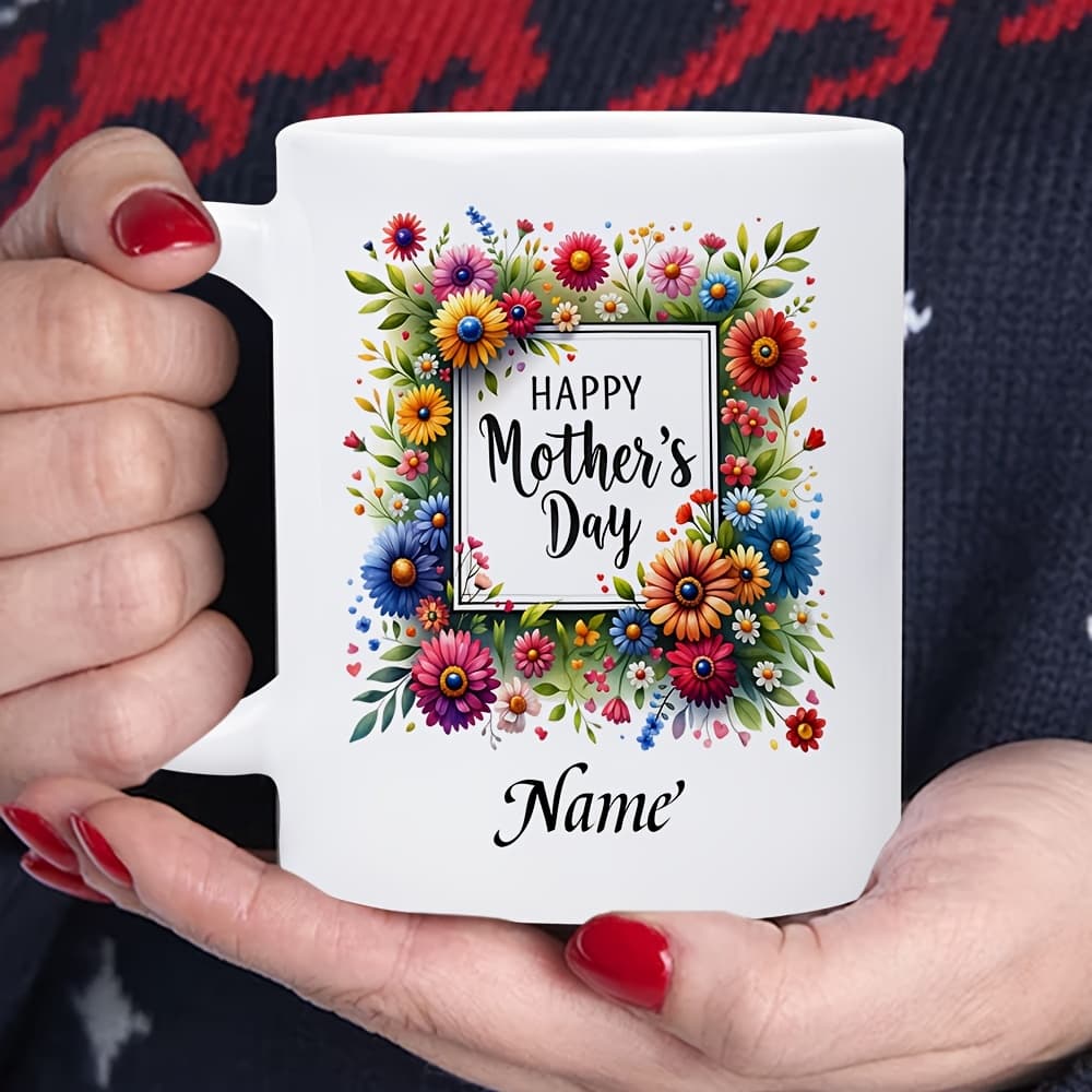 TEMU 1pc Personalized White Ceramic Mug With Name/text & Colorful Floral Frame - Suitable For Hot/cold Drinks, Dishwasher Safe Coffee Cup, 11oz Tea Gift For , Birthdays, - Add Your Own
