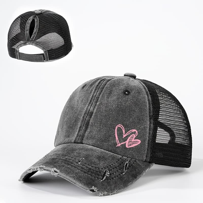 TEMU Printed Double Layer Love Heart Hole Ponytail Net Baseball Neutral Trucker Hat Breathable Adjustable Golf Unisex Summer Fashion Curved Brim Men's Y2k Valentine's Day Couple Hat