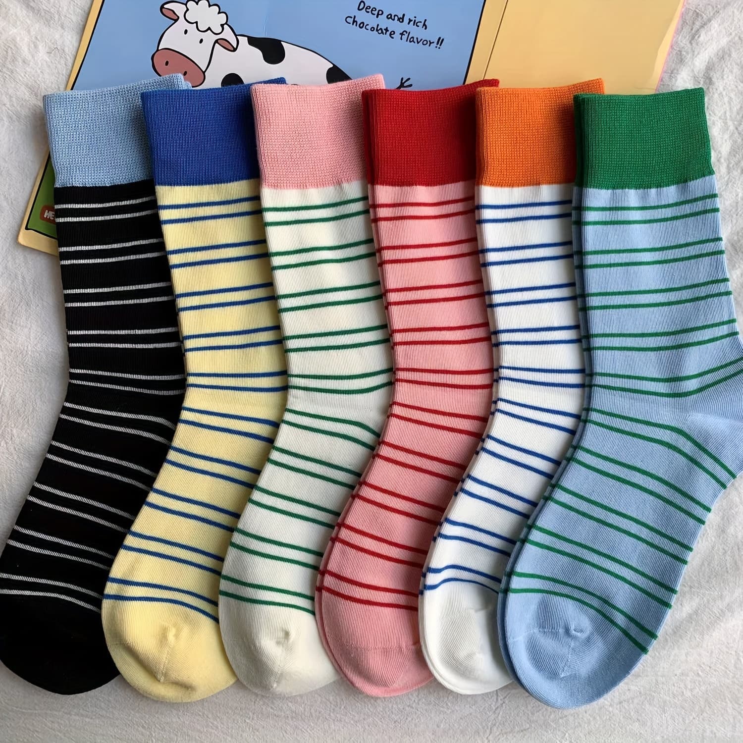 TEMU 6 Pairs Spring Autumn Color Socks Women Japanese Dopamine Fresh Contrast Striped Mid-calf Korean Style Ins Fashion Versatile Muted