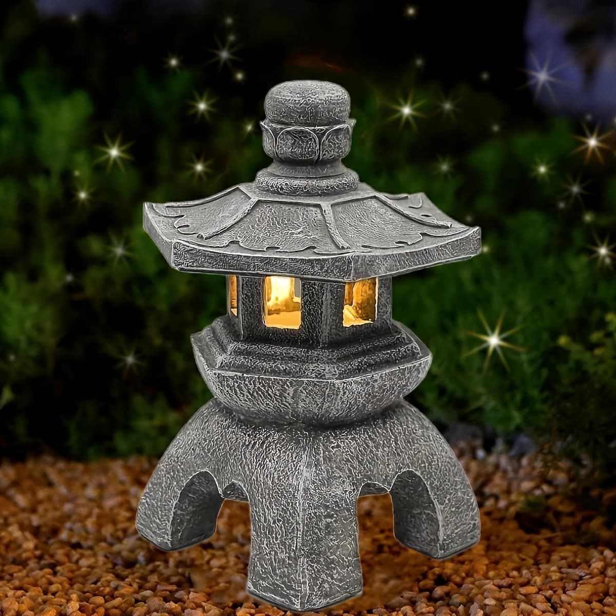 TEMU Solar Pagoda Lantern Garden Statue, Indoor/outdoor Zen Asian Decor For Landscape Balcony, Garden, Patio, Porch Yard Art Ornament, Polyresin, Christmas Gray Stone Finish