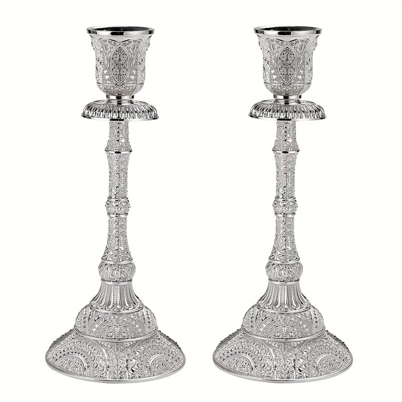 TEMU 2pcs Silvery Engraved Candle Holders Set | 7.5-inch Elegant Conical Metal Candlesticks For Tabletop, Wedding, And Holiday Decorations