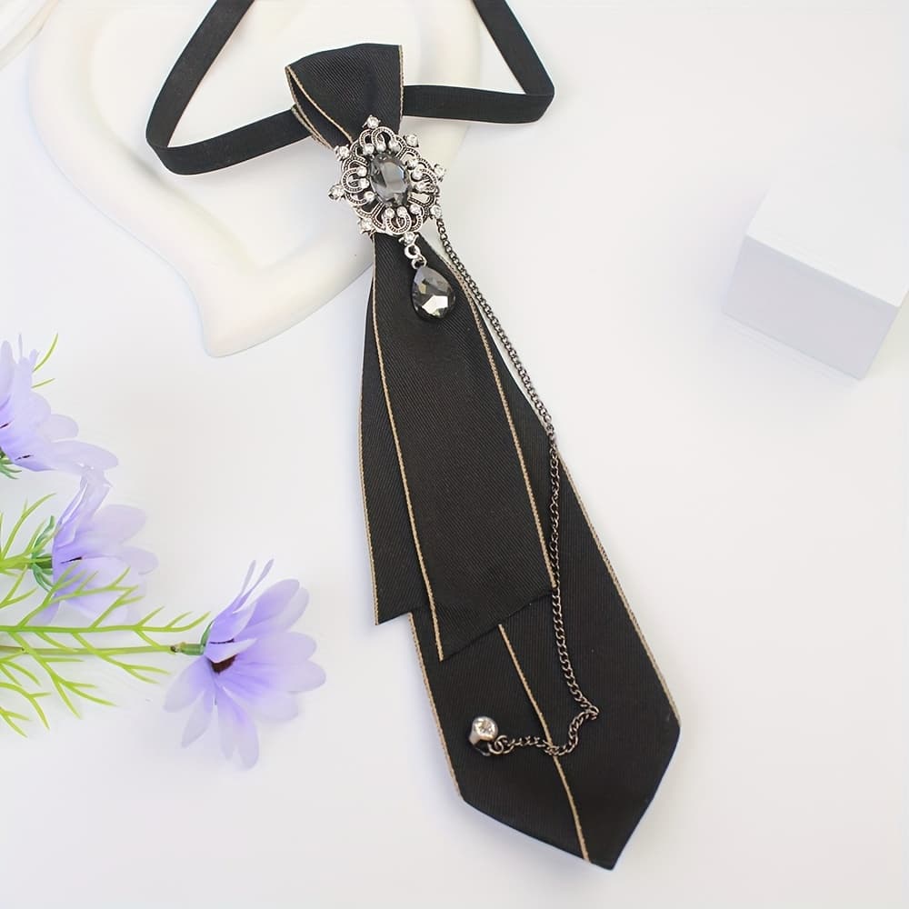 TEMU Elegant Polyester Necktie With Decorative Brooch And Chain And Women - , Woven Fabric, Professional Suggested - Versatile Accessory For Formal Events And Daily Wear