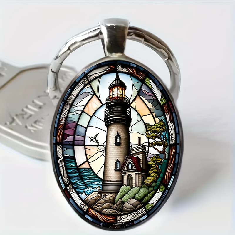 TEMU 1pc Fashionable And Elegant Lighthouse Pattern Oval Alloy Glass Keychain, Perfect Accessory For Birthday Gifts And Party Celebrations