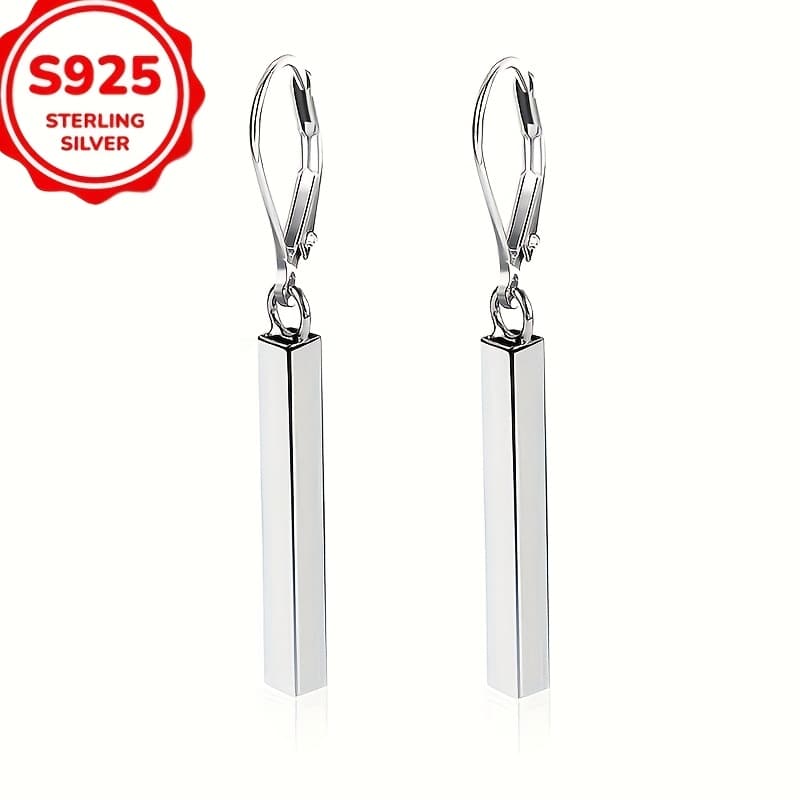 TEMU Elegant Sterling Silvery 925 Dangle Earrings For Women - Chic Minimalist Rectangular Bar Design, Hypoallergenic, & Party Wear