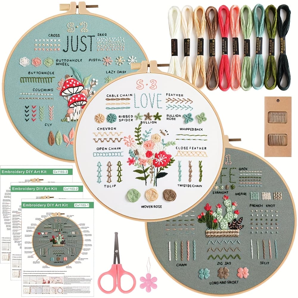 TEMU Ojindiy Embroidery 3pcs Set Combination, Upgraded Needlework Practice With Independent , Including 1 Embroidery Hoop 7.9 Inches