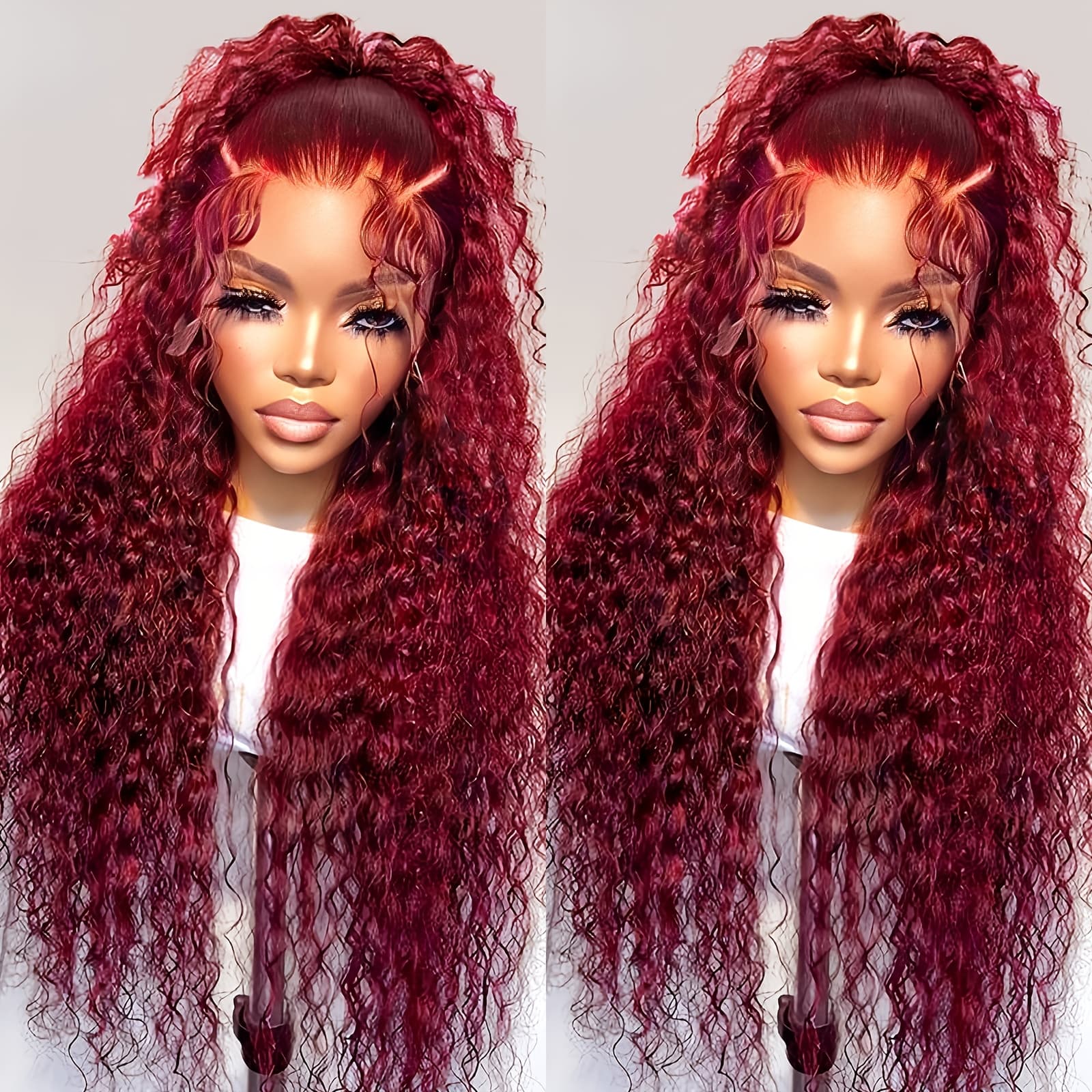 TEMU Luxurious 28" Deep Curly Red Wig - 200% Density, Hd Transparent Lace Front, Heat Resistant Synthetic , Burgundy 99j Color, Glueless Loose Wave For All Women