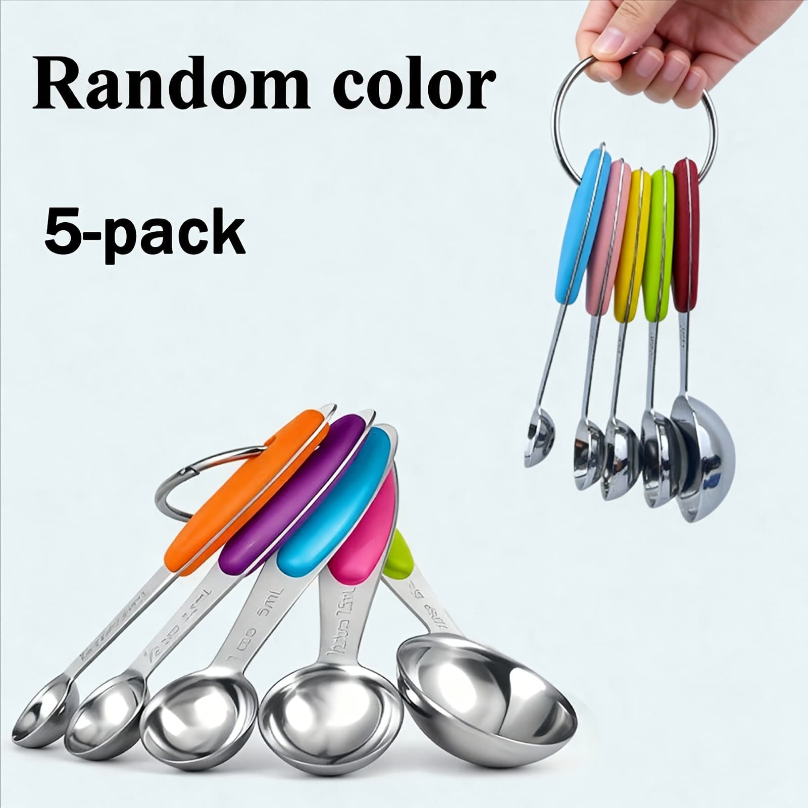 TEMU 5pcs Stainless Steel Measuring Spoon Set With Silicone Handle, Suitable For Cooking And Baking Kitchen Essential, Durable And Dishwasher Safe Multifunctional Random Color