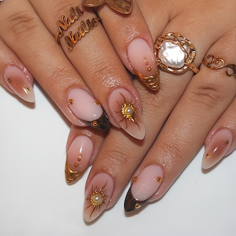 TEMU 24pcs Medium Almond Shape Press On Nails Brown Nail Tips 3d Small Steel Balls With Artistic Full Cover Nails Suitable For Daily Wear And Festival Use By Women And