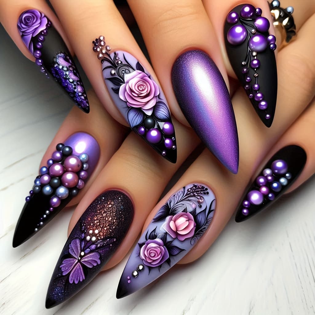 TEMU 24 Medium Nails With Almond Fake Nails, Dark Purple Rose Grape Print Dressing Nail Design, Glow Removable Fake Nail