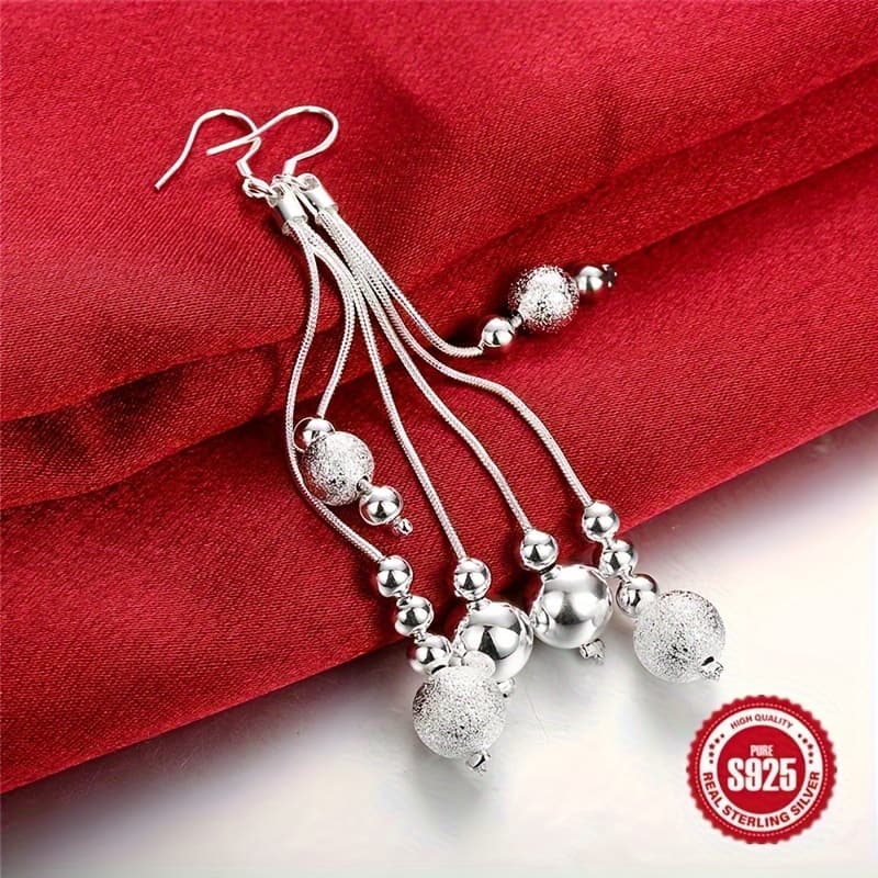 TEMU 925 Sterling Silver Tassel Round Pendant Earrings - , Hypoallergenic, Ideal For Casual , Holiday Presents, Women's Ornamental Additions