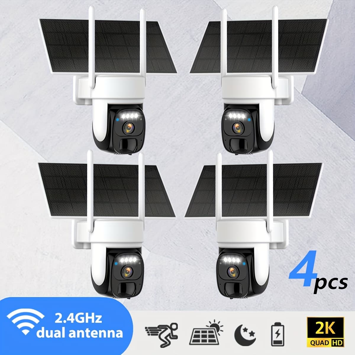 TEMU 4pcs Wireless Outdoor Solar Security Camera, 2k 360° Panoramic Tilt Low Power Wifi Security Camera, 2.4gwifi, Ptz With Detection, Color Night Vision, Audio, Cloud Storage, Application