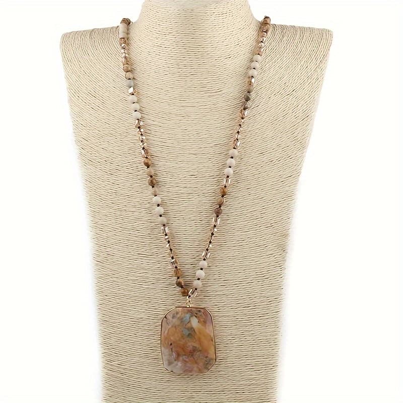 TEMU Bohemian Stone Beaded Pendant Necklace For Women - Bohemian Semi-precious Stone Crystal Mixed Necklace Square Pendant Sweater Chain- Boho Chic Daily & Gift Necklaces For All thumbnail 2