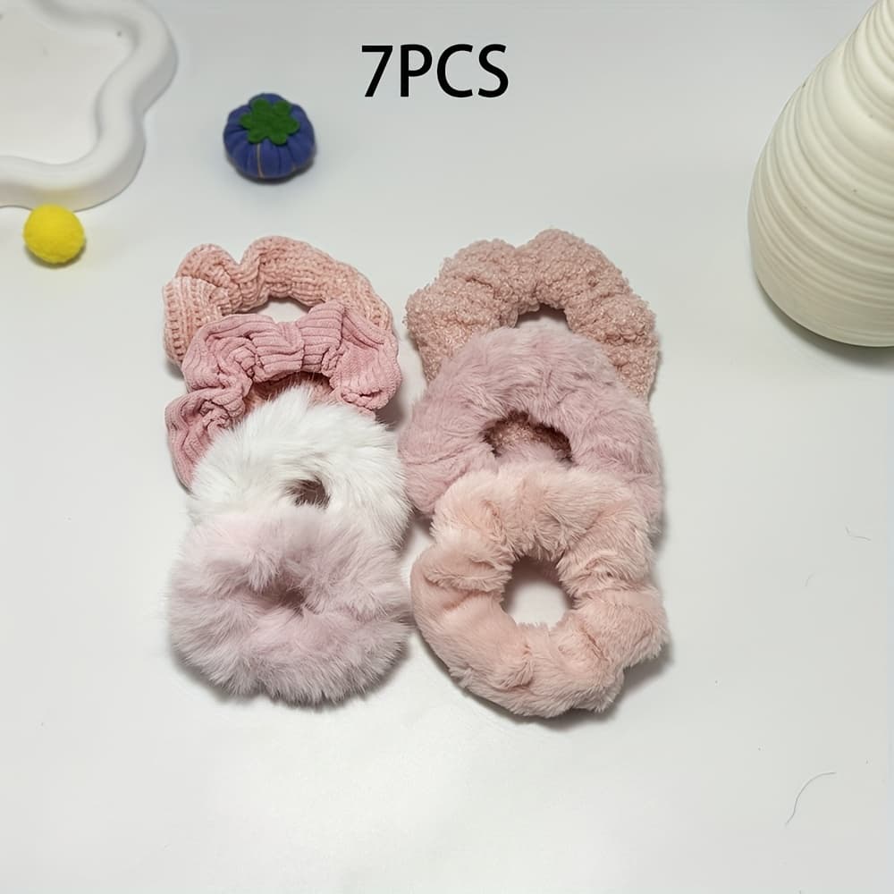 TEMU 7pcs Pink Scrunchie Set For Women, Soft Stretchy Hair Ties For Thick Hair, Gentle Scrunchies For Women, High For Bun & Ponytail, Everyday Additions
