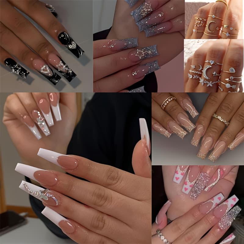 TEMU 5 Packs (120 Pcs) Long Coffin Press On Nails + 20pcs Ring Set French Tip False Nails With3d Flower And Cute , Mixed Glossy Fake Nailsset With Adhesive Tabs Nail File For Women