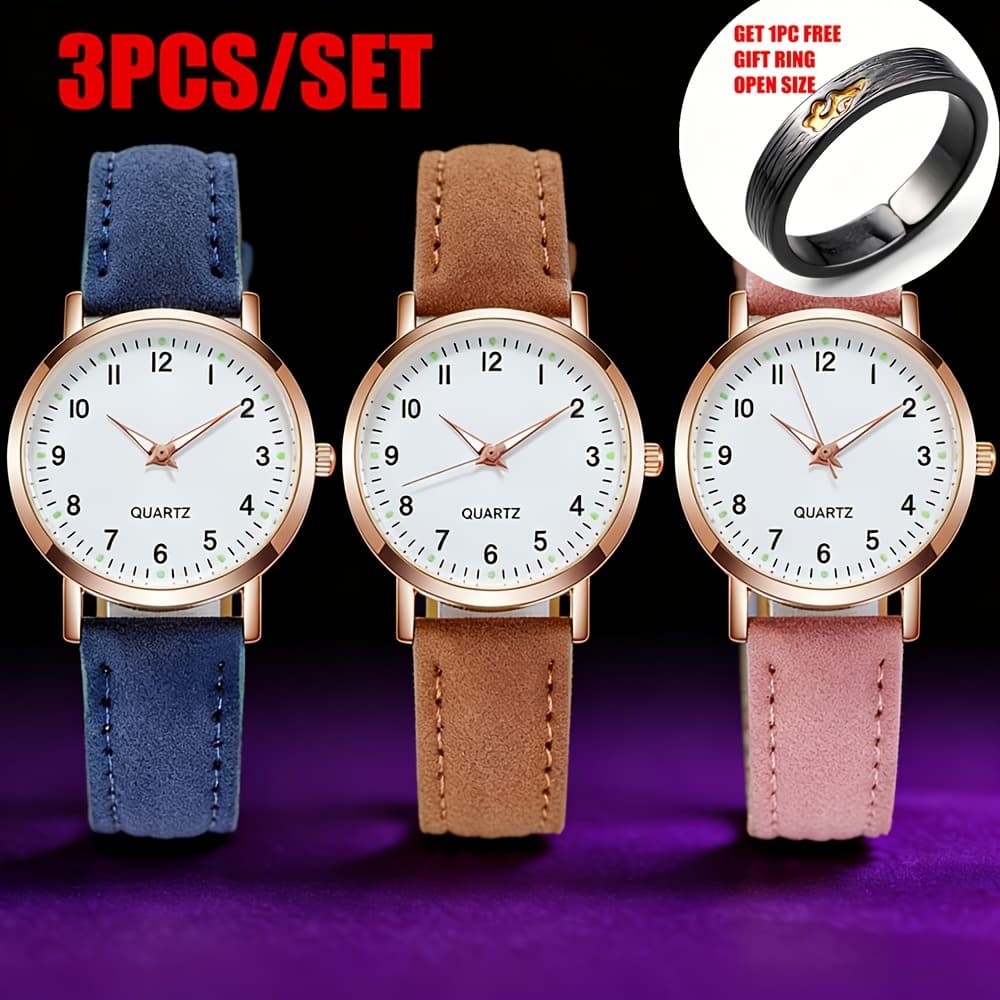 TEMU 3pcs/set Women's Watches, Fashion Stylish Minimalist Clock, Casual Faux Leather Quartz Wristwatches For Ladies, 1pc Free Ring