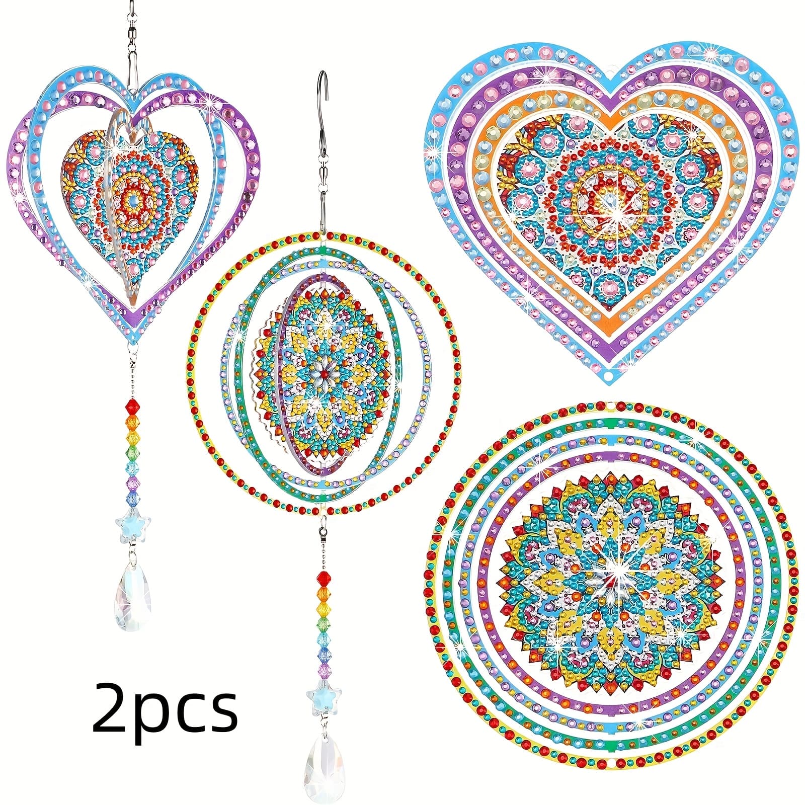 TEMU Set Of 2 Three-dimensional Diamond Painting Wind Chime Kits, Featuring Double-sided Crystal Suncatchers For Home, Wall, And Garden Decoration