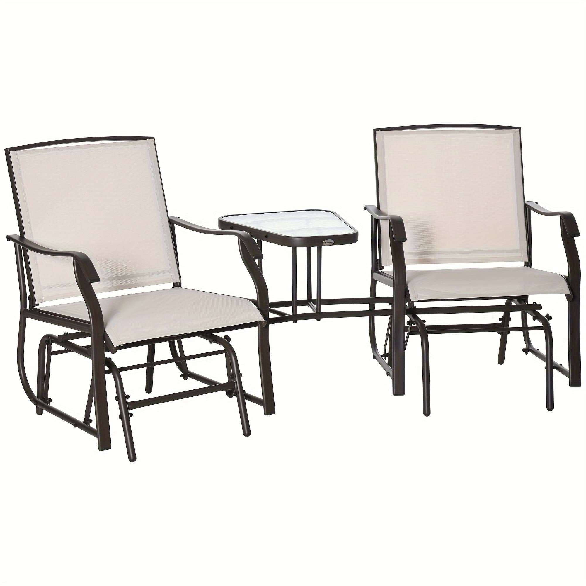 TEMU Outsunny Outdoor Glider Chairs With Coffee Table, Patio 2-seat Rocking Chair Swing Loveseat With Breathable Sling For Backyard, Garden, And Porch, Beige