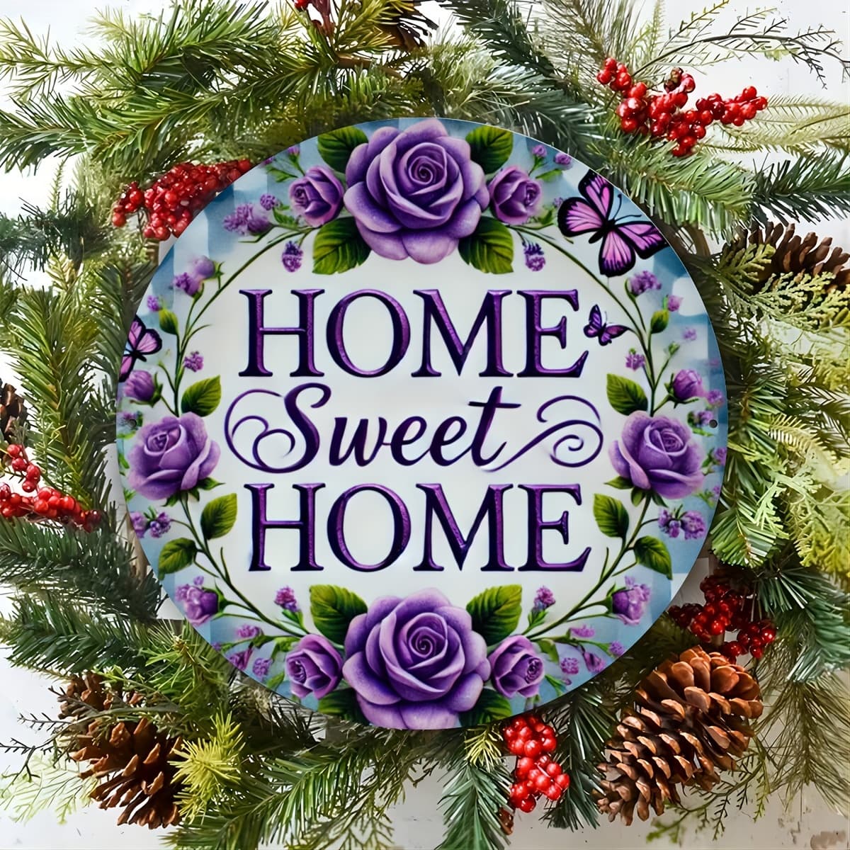 TEMU 1-pack Round Metal Home Sweet Home Sign - Iron Wreath Decoration With Pre-drilled Holes, Hd Printed Purple Roses & Butterflies, Weather-resistant For Indoor/outdoor Use