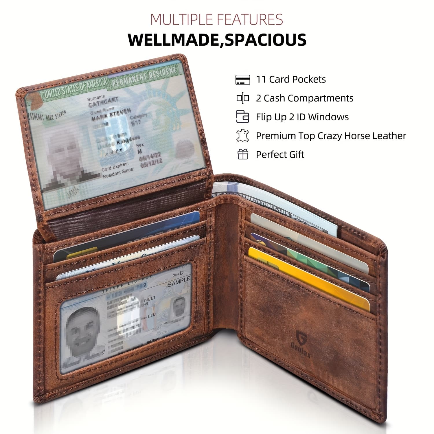 TEMU Men's Handmade Vintage Bifold Wallet - Gsoiax Premium Pu Leather | 11 Card Slots, 2 Id Windows, 2 Cash Pockets | Rfid Blocking | Ideal Gift