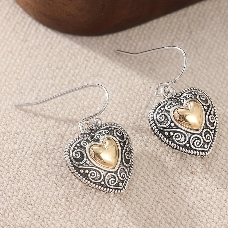 TEMU Vintage Heart-shaped Copper Material Carved Texture Earrings For Women, Bohemian Style 2 Tone Heart-shaped Pendant Earrings
